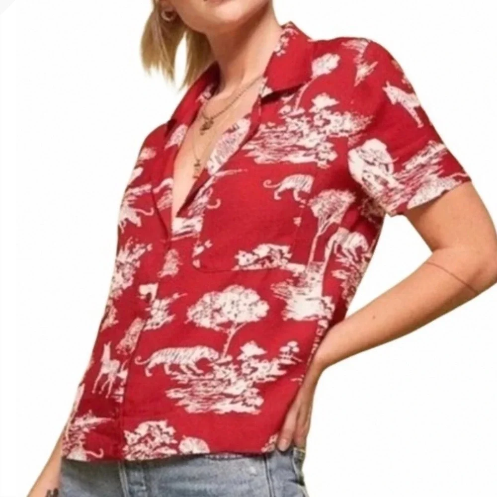 Reformation Md Red Safari Toile Animal Print Short Sleeve Button Down Blouse Top